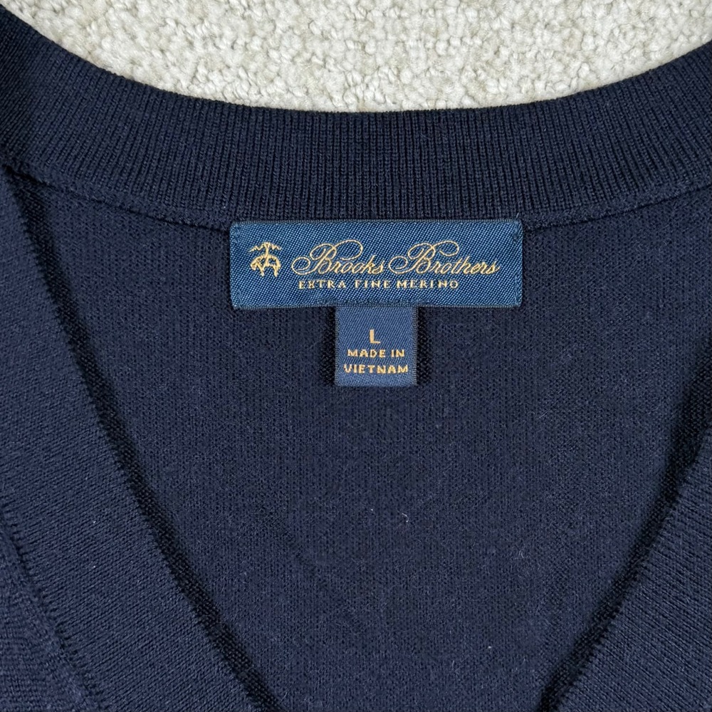 Brooks Brothers Mens Large Navy Blue Blue Extra Fine Merino Wool V-Neck Sweater - Picture 4 of 7